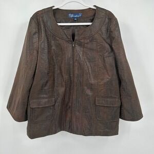 Susan Graver Womens Chocolate Brown Faux Leather Jacket Size‎ XL Croc Embossed